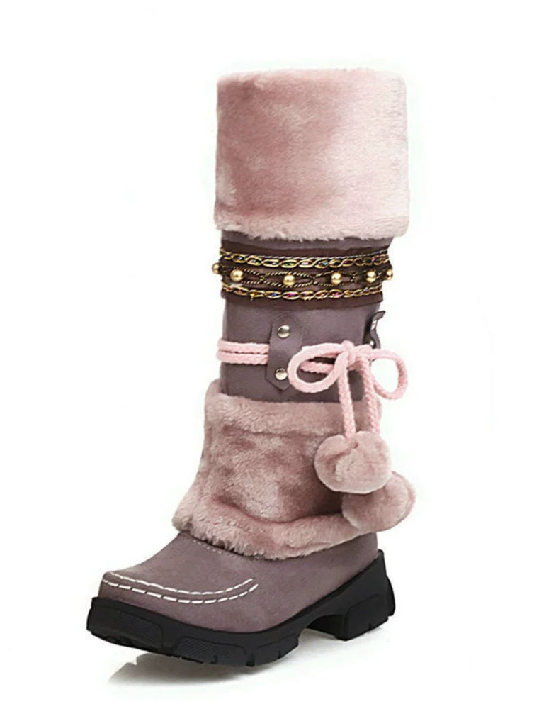 Stivali da neve invernali con pompon in pelliccia sintetica