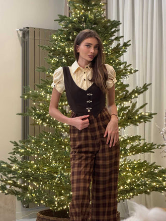 Tuta lunga finta 3PCS a quadri marrone anni '30