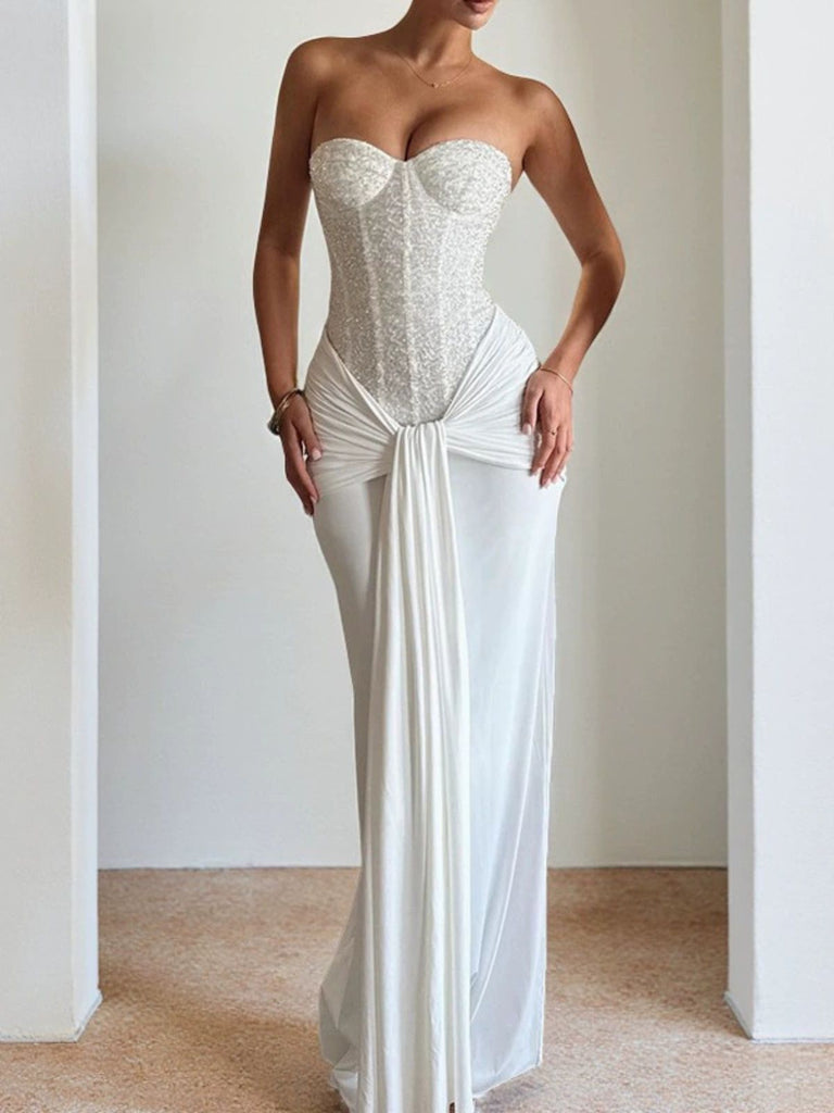 Abito lungo senza spalline a spina di pesce anni '30