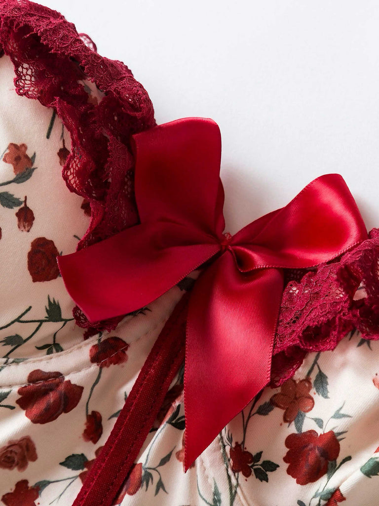 Corsetto senza spalline in pizzo con rose rosso anni '70