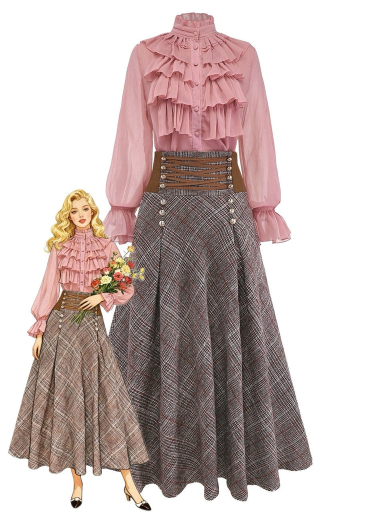 2PCS Camicetta con volant in chiffon e gonna a quadri anni '80