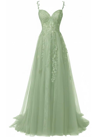 Abito lungo in tulle di pizzo con spalline sottili verde anni '30