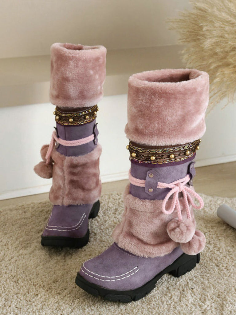 Stivali da neve invernali con pompon in pelliccia sintetica