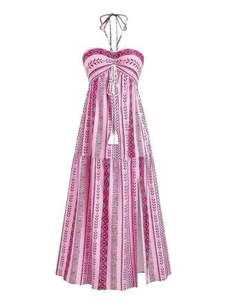 Abito boho con stampa etnica e scollo all'americana anni '70