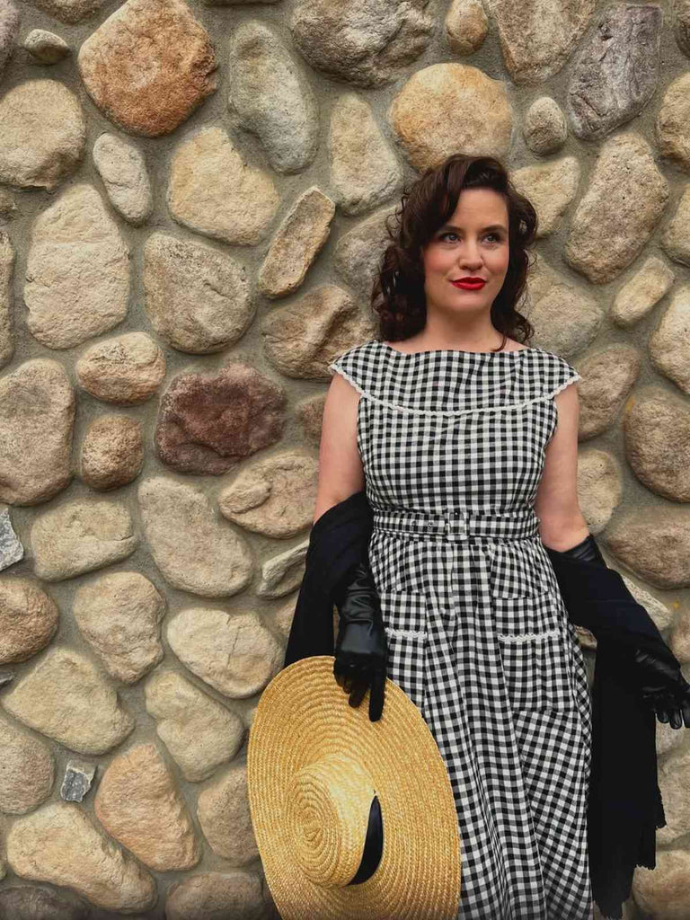 Abito cintura e pizzo a quadri Gingham nero anni '50