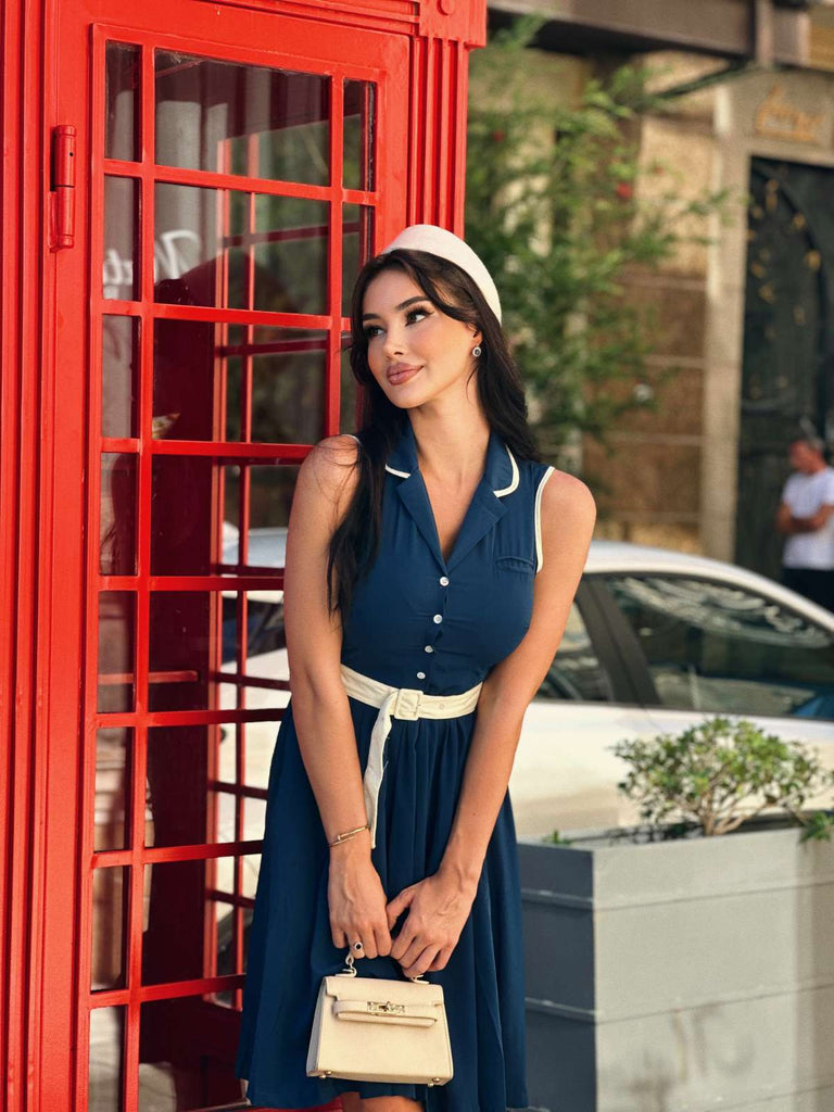 Abito senza maniche con revers blu navy anni '60
