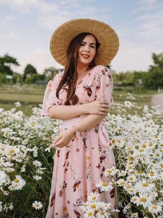 Abito floreale rosa fiocco scollo a V anni '50