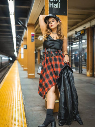 Abito plaid spalline sottili nero anni '70