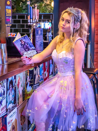 Mini abito in pizzo floreale ricamato viola anni '70