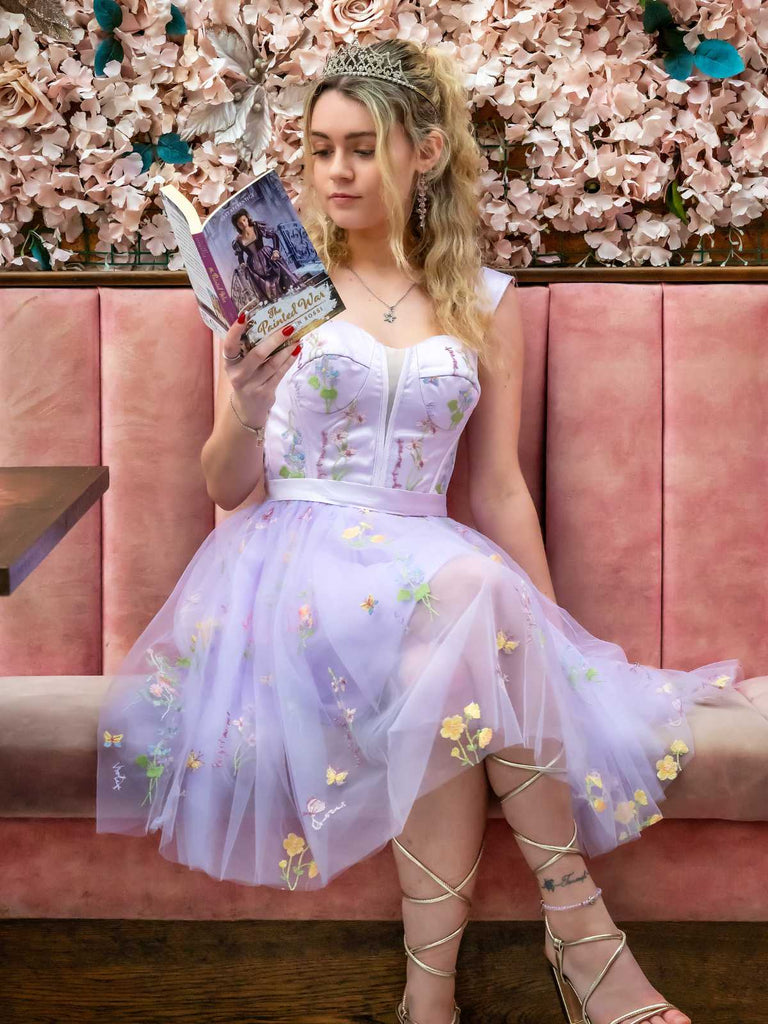 Mini abito in pizzo floreale ricamato viola anni '70