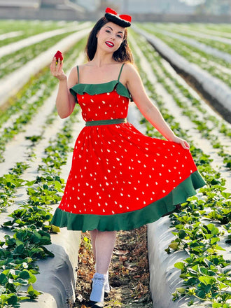 Abito a balze e fragole cintura rosso anni '50