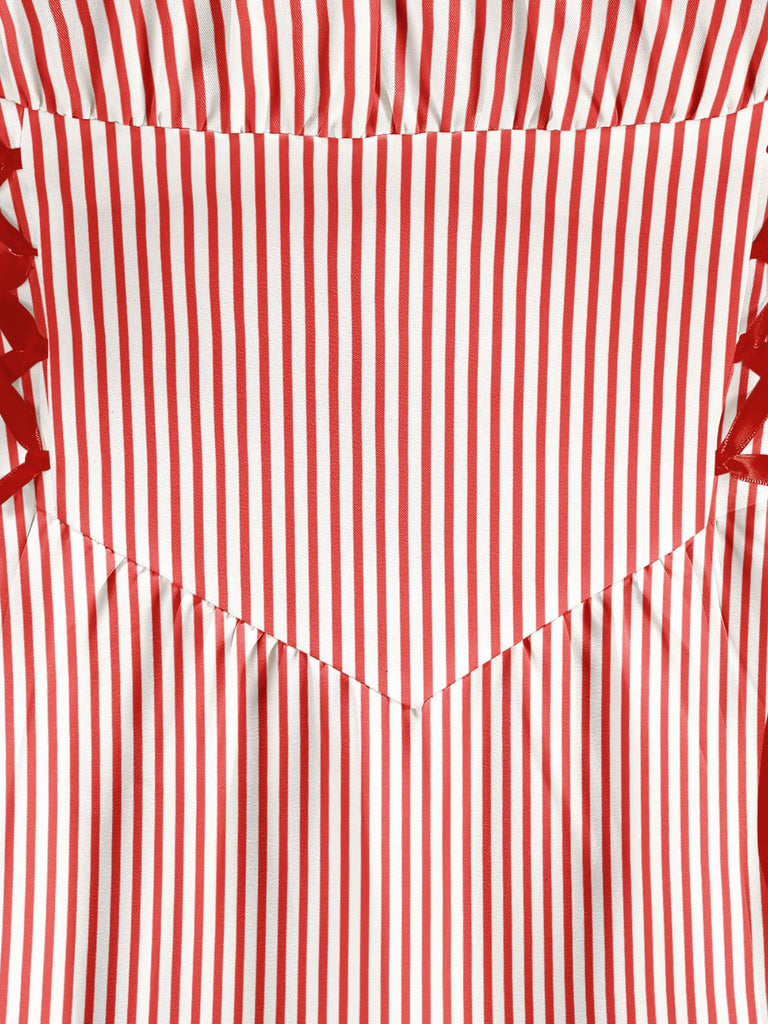 Abito a righe con lacci e bastoncino di zucchero natalizio rosso anni '50