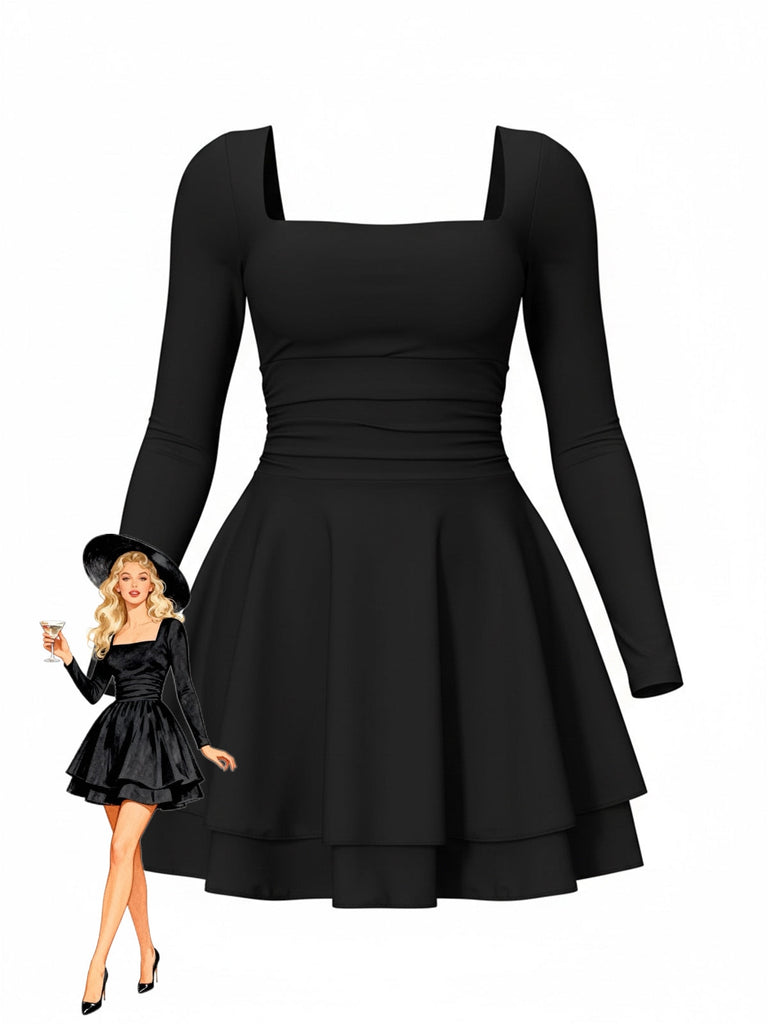 Abito aderente con scollo quadrato e maniche lunghe anni '80