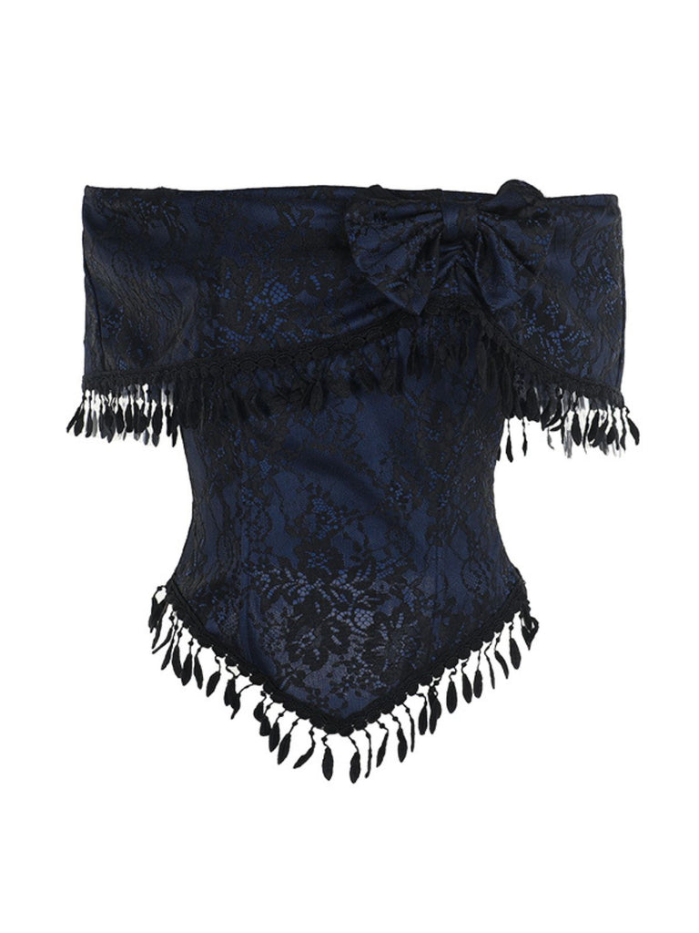 Top in pizzo con spalle scoperte e nappe Halloween blu anni '30