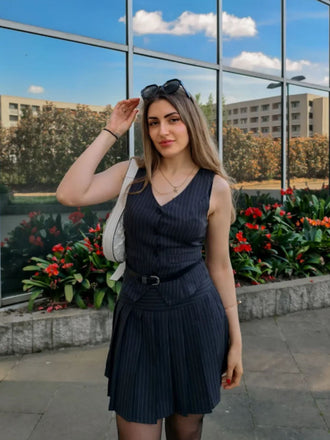 2PCS Top gessato grigio scuro e gonna a pieghe anni '60