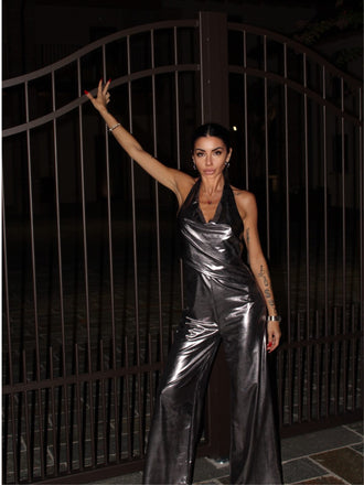 Tuta lunga paillettes scollo a V fiocco argento anni '70