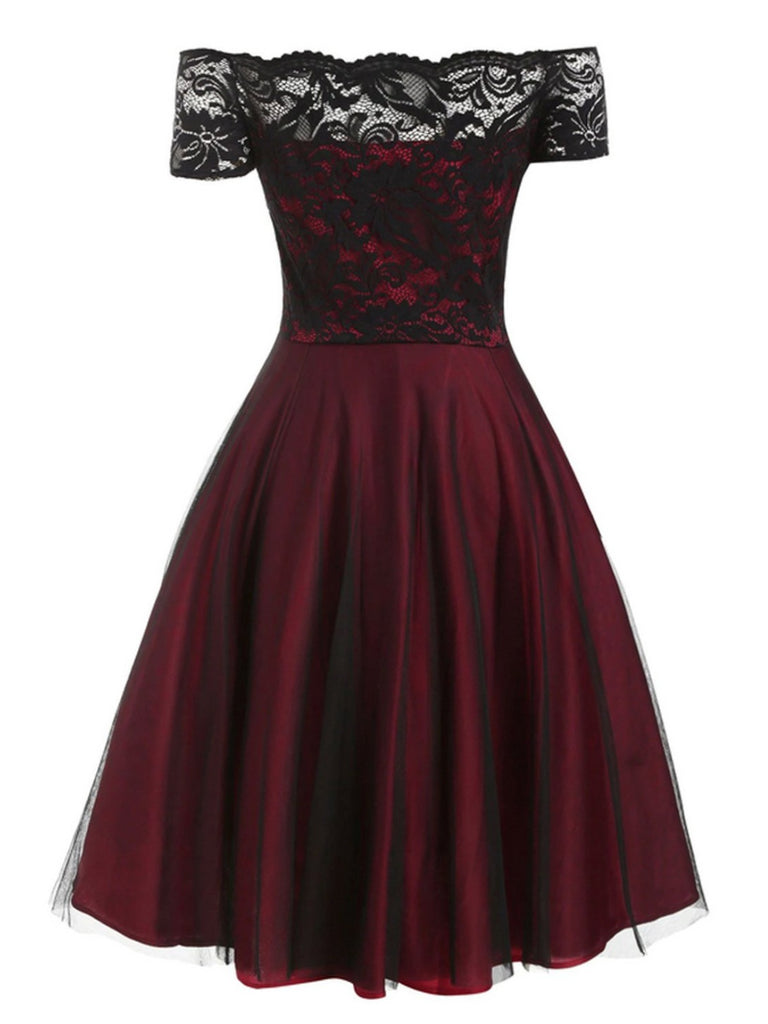 Abito svasato in pizzo con spalle scoperte bordeaux anni '50
