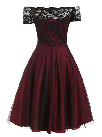 Abito svasato in pizzo con spalle scoperte bordeaux anni '50