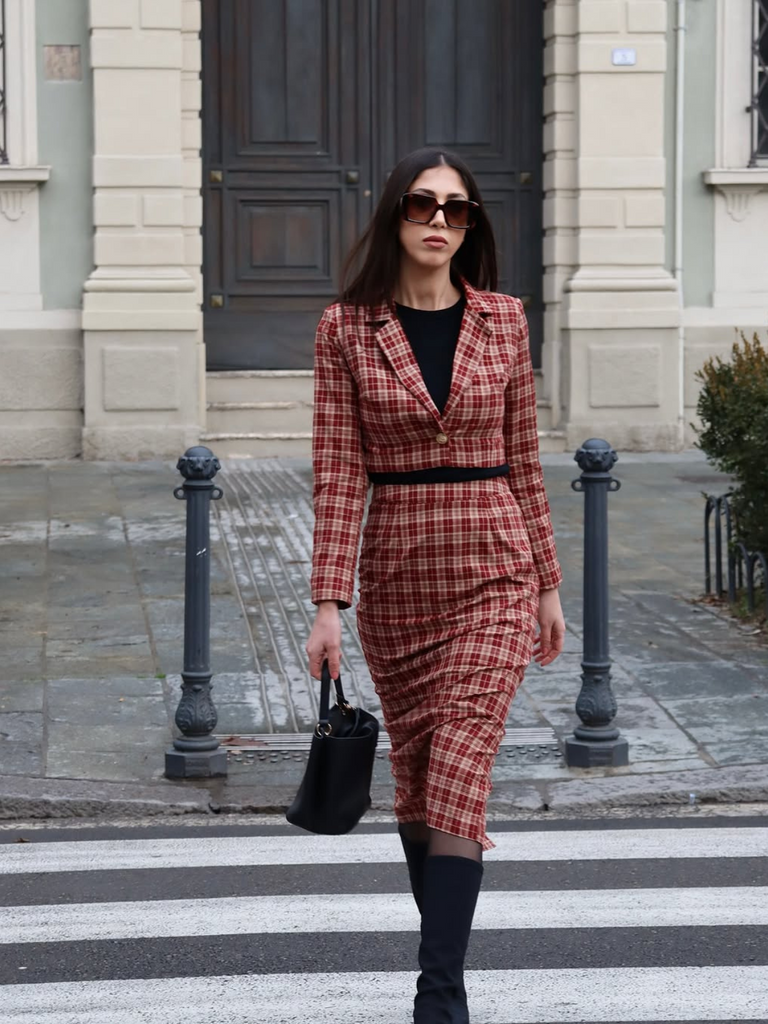 2PCS Cappotto corto con risvolto scozzese e gonna rosso anni '60