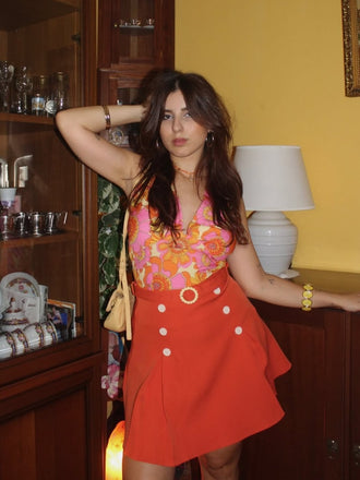 2PCS Top scollo all'americana floreale e gonna anni '60