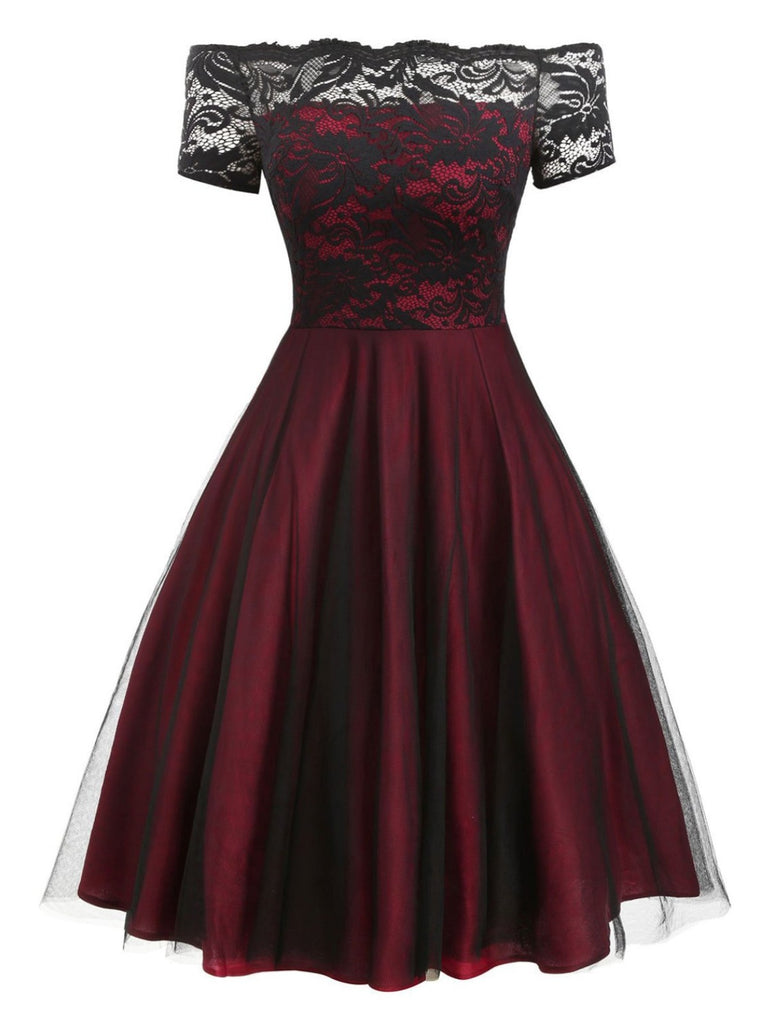 Abito svasato in pizzo con spalle scoperte bordeaux anni '50