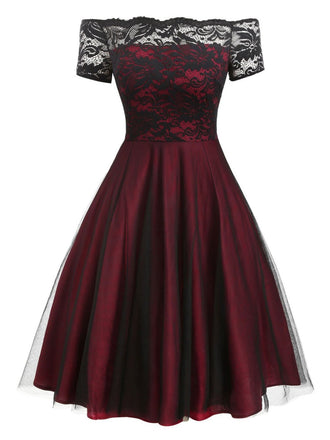 Abito svasato in pizzo con spalle scoperte bordeaux anni '50