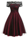 Abito svasato in pizzo con spalle scoperte bordeaux anni '50
