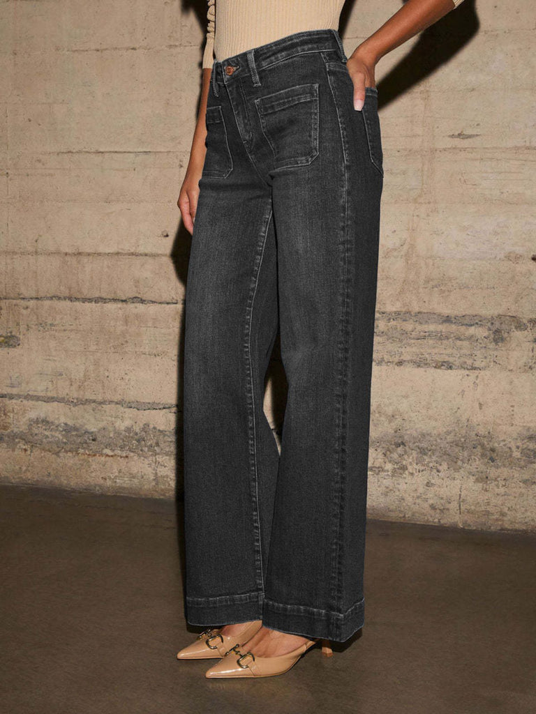 Jeans a vita alta e gamba larga con tasca anni '60