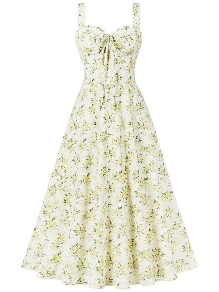 Abito con lacci floreali e spalline larghe anni '40