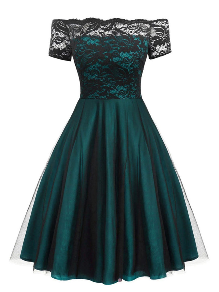 Abito svasato in pizzo con spalle scoperte bordeaux anni '50