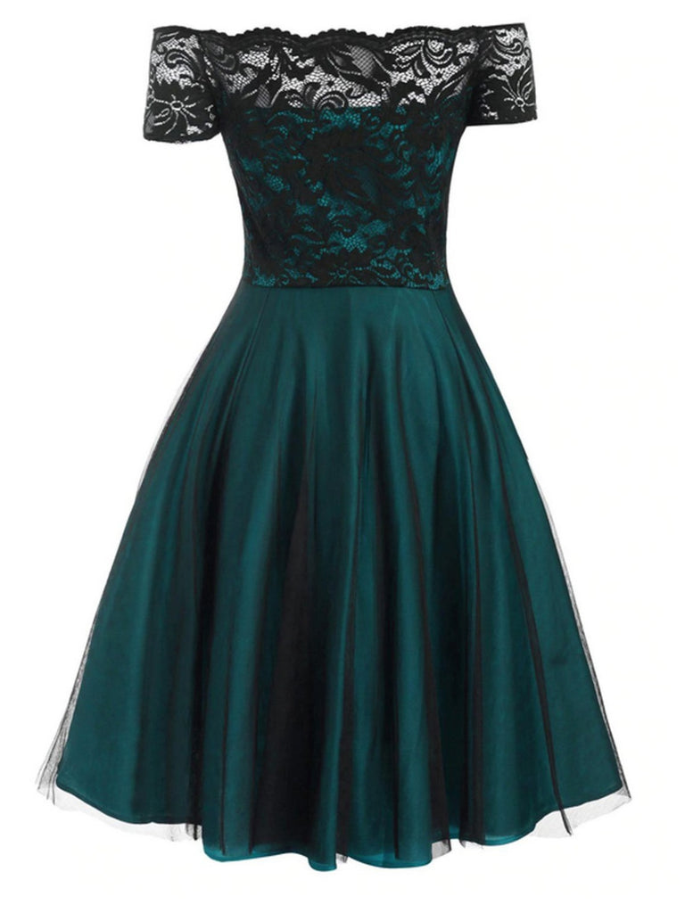 Abito svasato in pizzo con spalle scoperte bordeaux anni '50