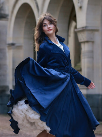 Cappotto lungo in velluto blu navy anni '50