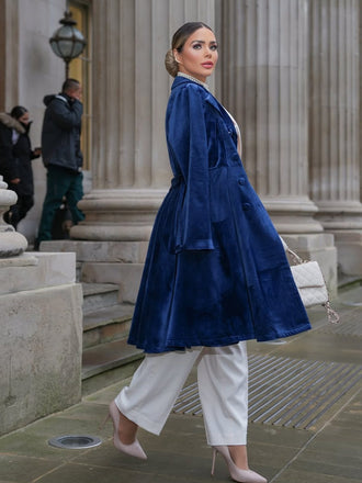 Cappotto lungo in velluto blu navy anni '50