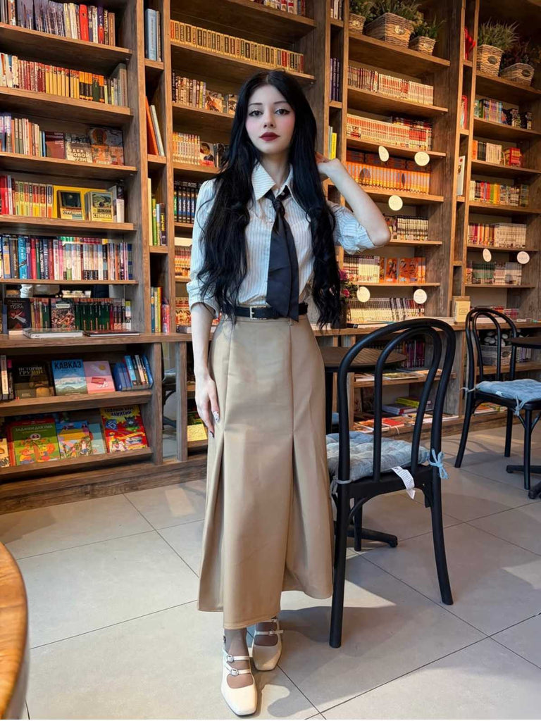 [Prevendita] Abito con cravatta staccabile e camicetta a righe cachi anni '30