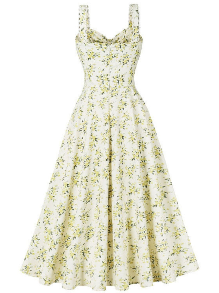 Abito con lacci floreali e spalline larghe anni '40