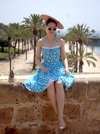 Abito scollo all'americana lacci e margherite blu anni '50