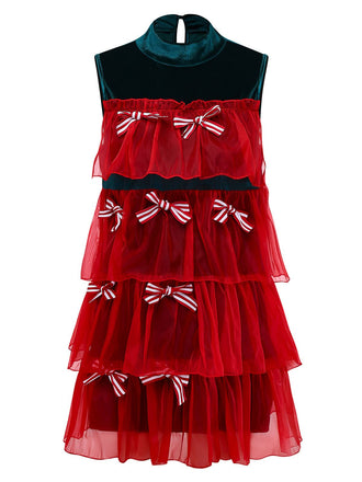 Abito con fiocco in rete e albero di Natale rosso anni '60