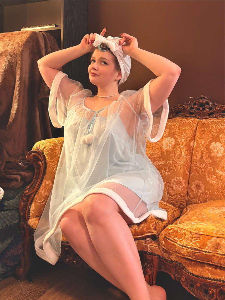 [Prevendita] Camicia da notte in tulle con maniche a balze blu anni '40