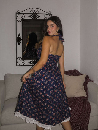 Abito floreale in cotone con pizzo blu anni '50