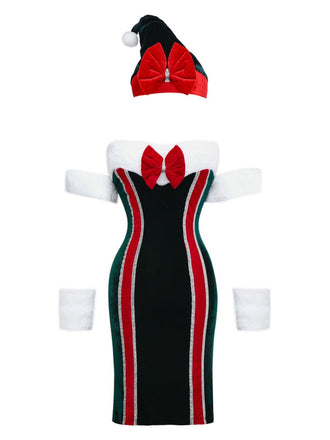 Completo abito natalizio in velluto con fiocco in pelliccia anni '60