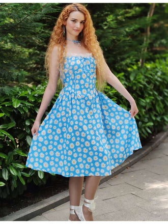 Abito scollo all'americana lacci e margherite blu anni '50