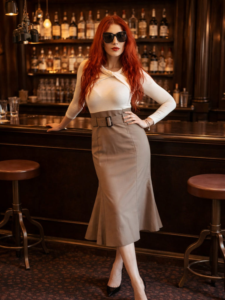 Abito da sirena in maglia con spalle scoperte cachi anni '30