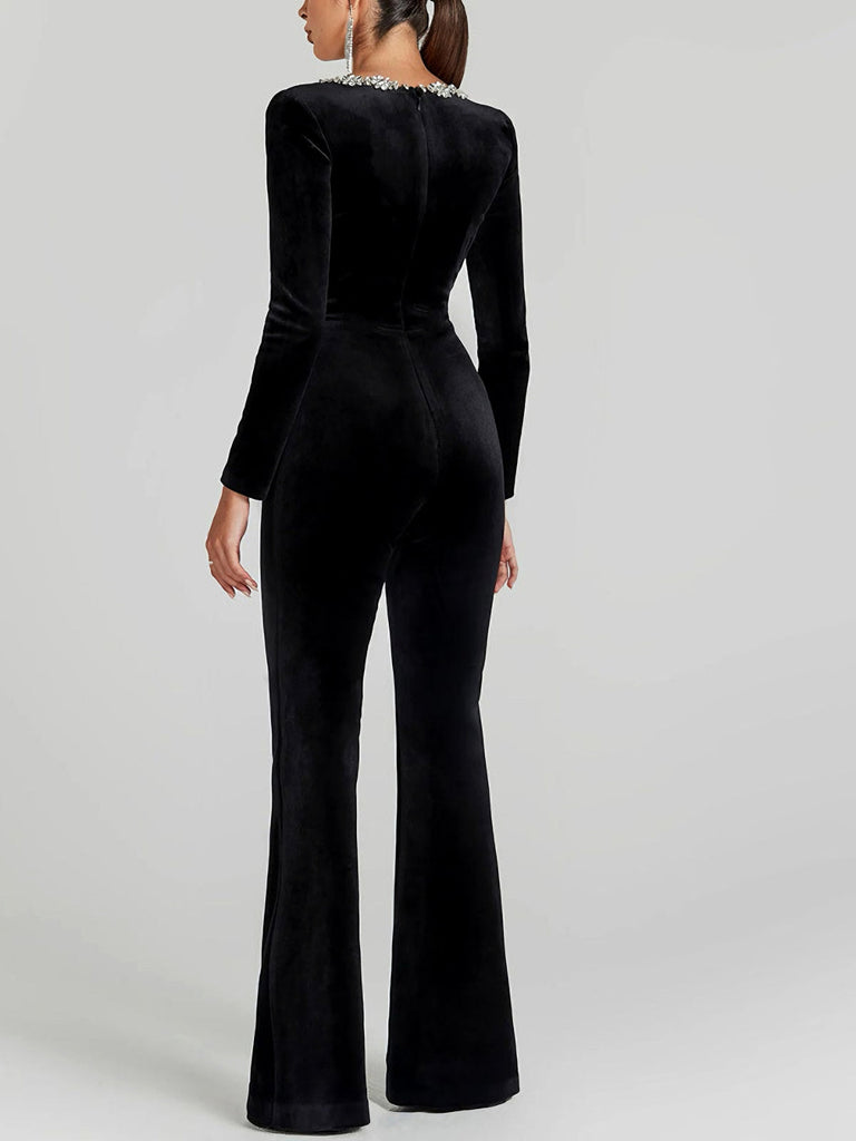 Tuta lunga in velluto con scollo quadrato e diamanti nero anni '60