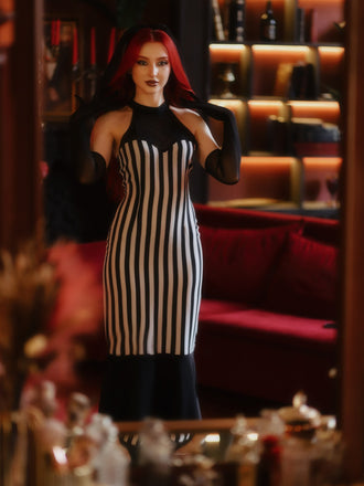 Abito a sirena a righe in rete a ragnatela nero anni '30