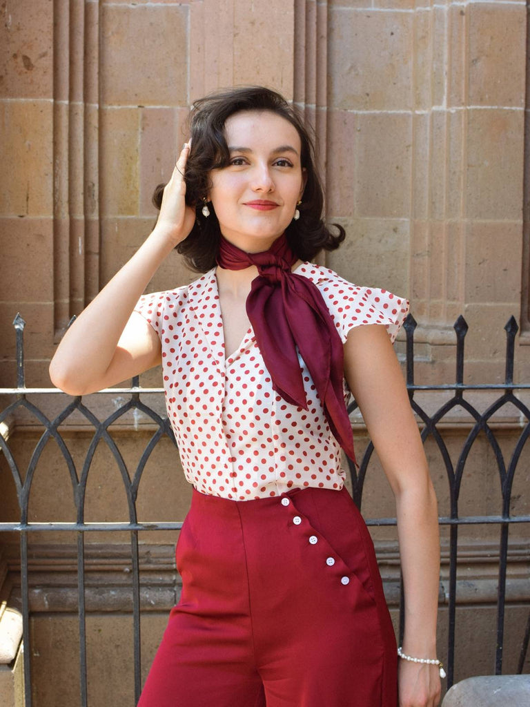 2PCS Camicetta a pois rosso e pantaloni bordeaux anni '50