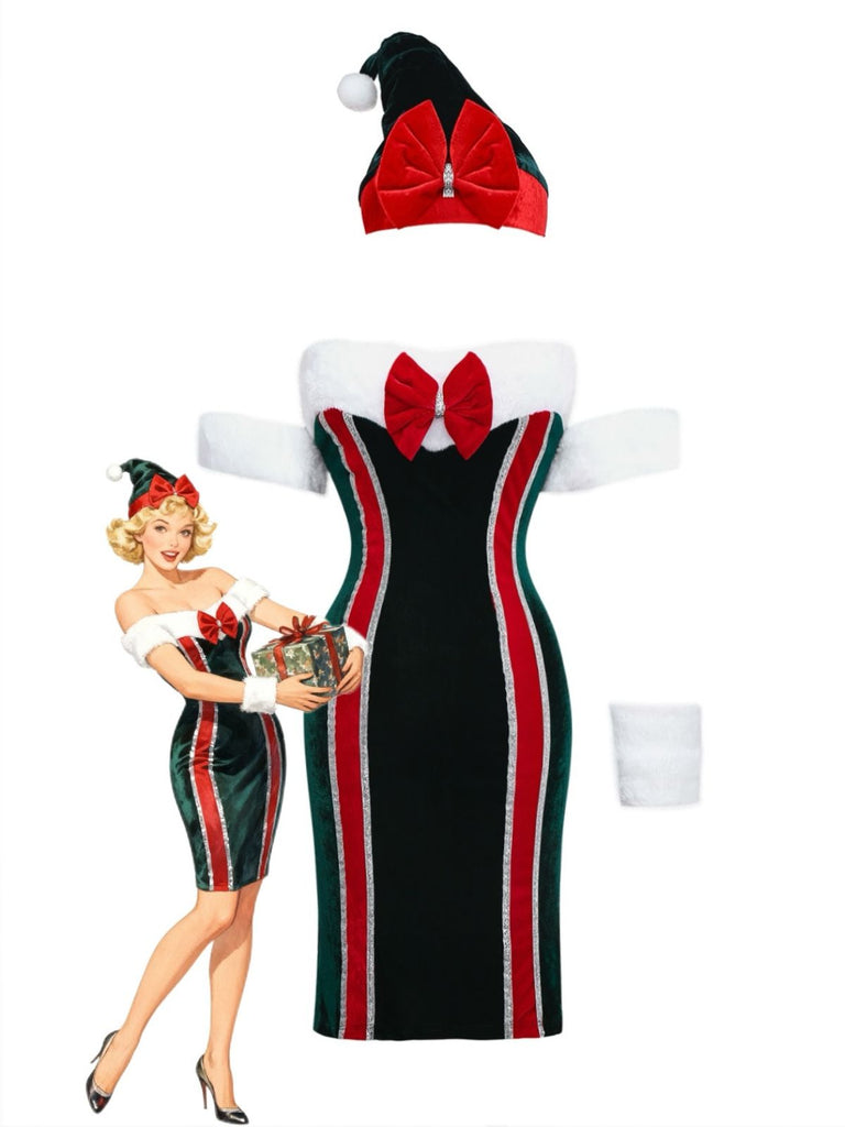Completo abito natalizio in velluto con fiocco in pelliccia anni '60
