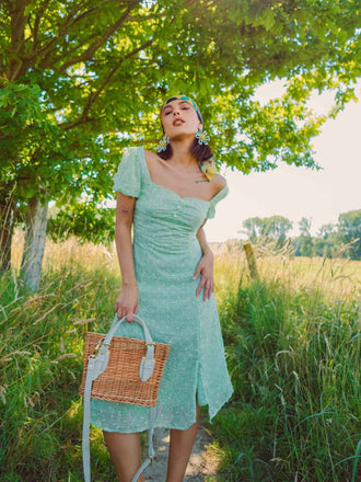 Abito a fiori scollo a cuore Verde anni '40