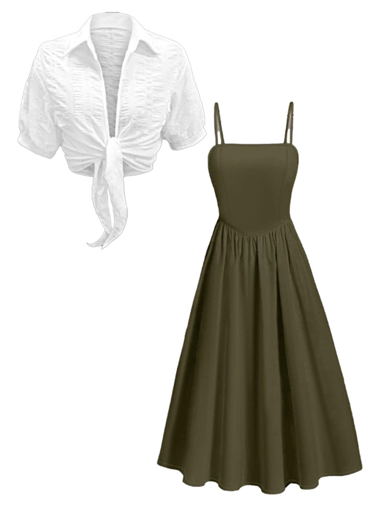 Completo 2 Pezzi Abito Midi Smock a Bretelle e Camicia Corta Anni '50