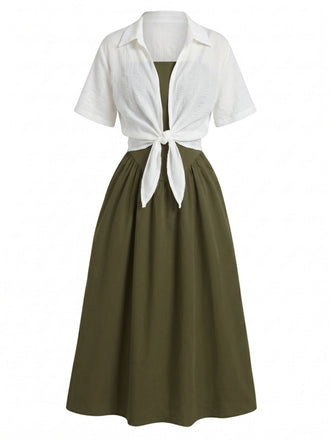 Completo 2 Pezzi Abito Midi Smock a Bretelle e Camicia Corta Anni '50