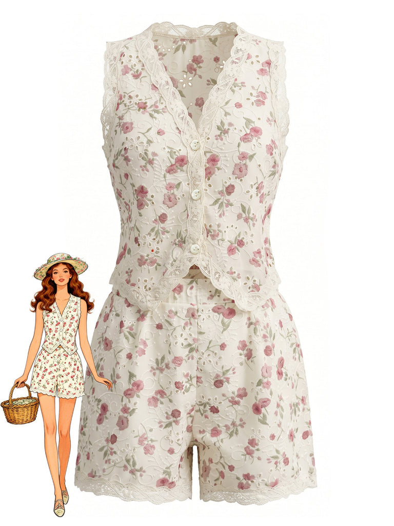Completo 2 Pezzi Top Floreale Patchwork Pizzo e Shorts Beige Anni '40